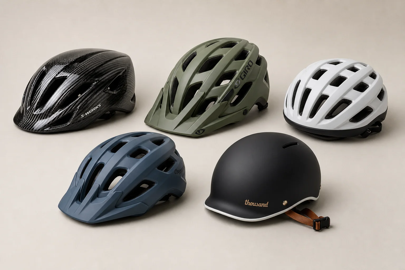 Collection of bicycle helmets in various styles and price ranges on neutral backdrop
