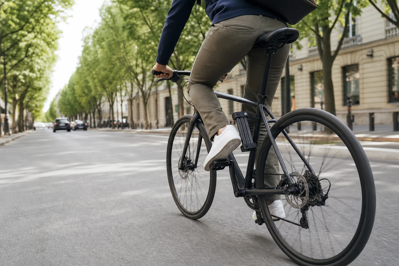 Cyclist riding through an urban street with a bike lock mounted on the frame