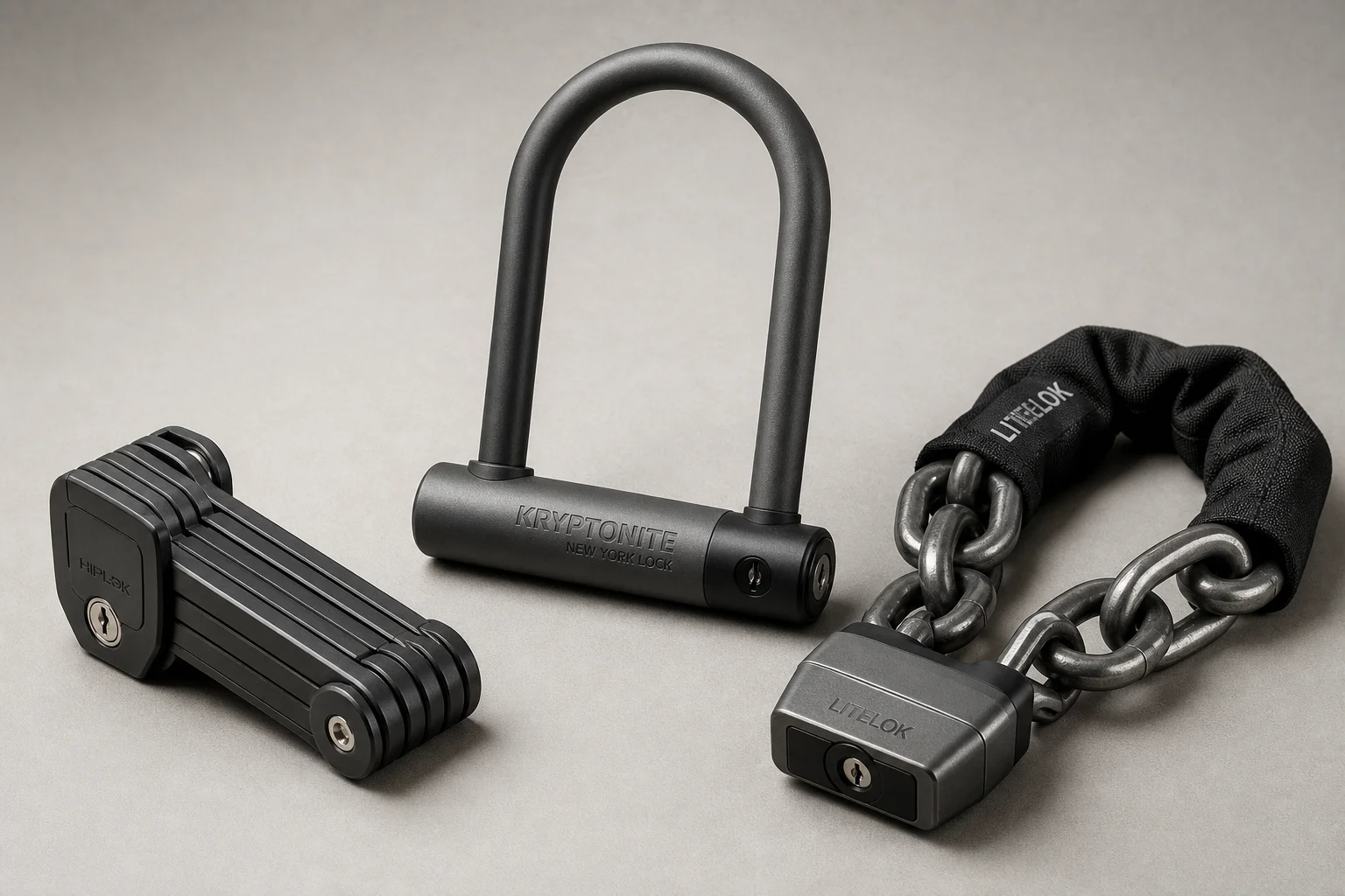 Three Abus bike locks arranged on neutral backdrop: folding lock, U-lock, and heavy-duty lock