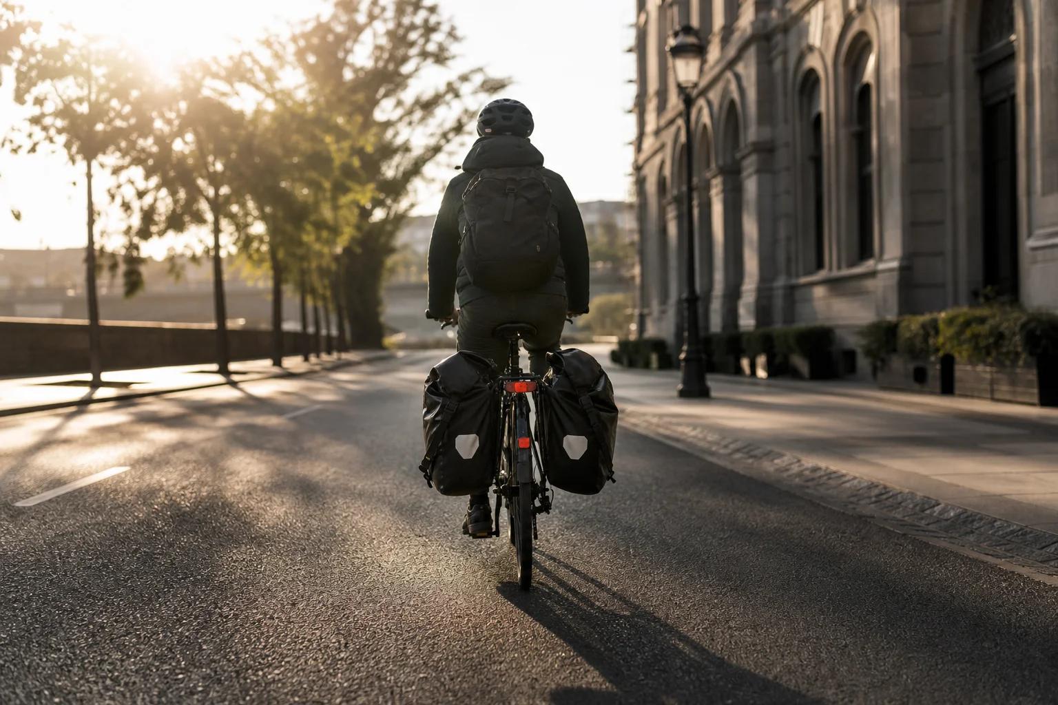 Cyclist commuting on urban street with loaded pannier bags