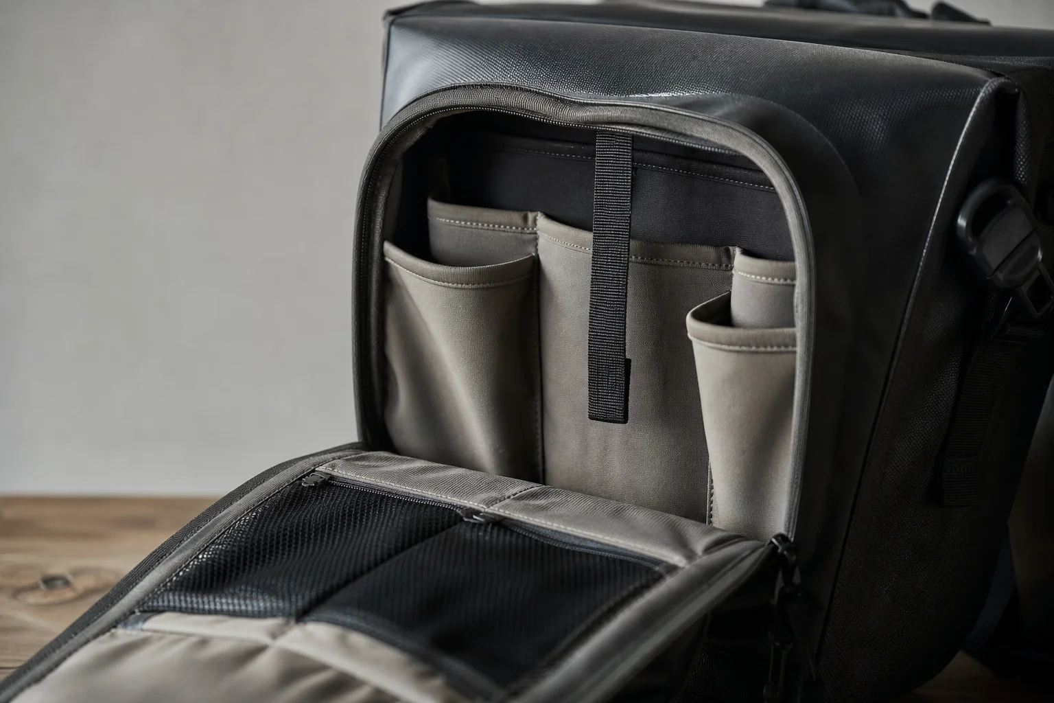 Close-up of pannier bag compartments and organization pockets