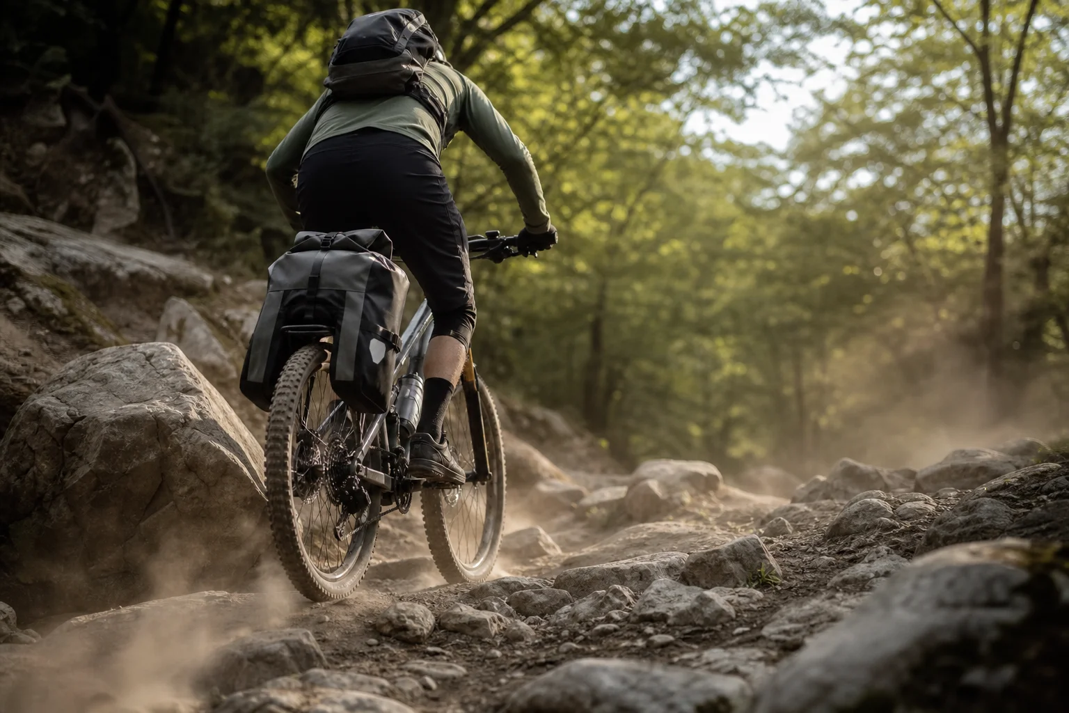 Mountain biker on rough terrain with secured pannier bag