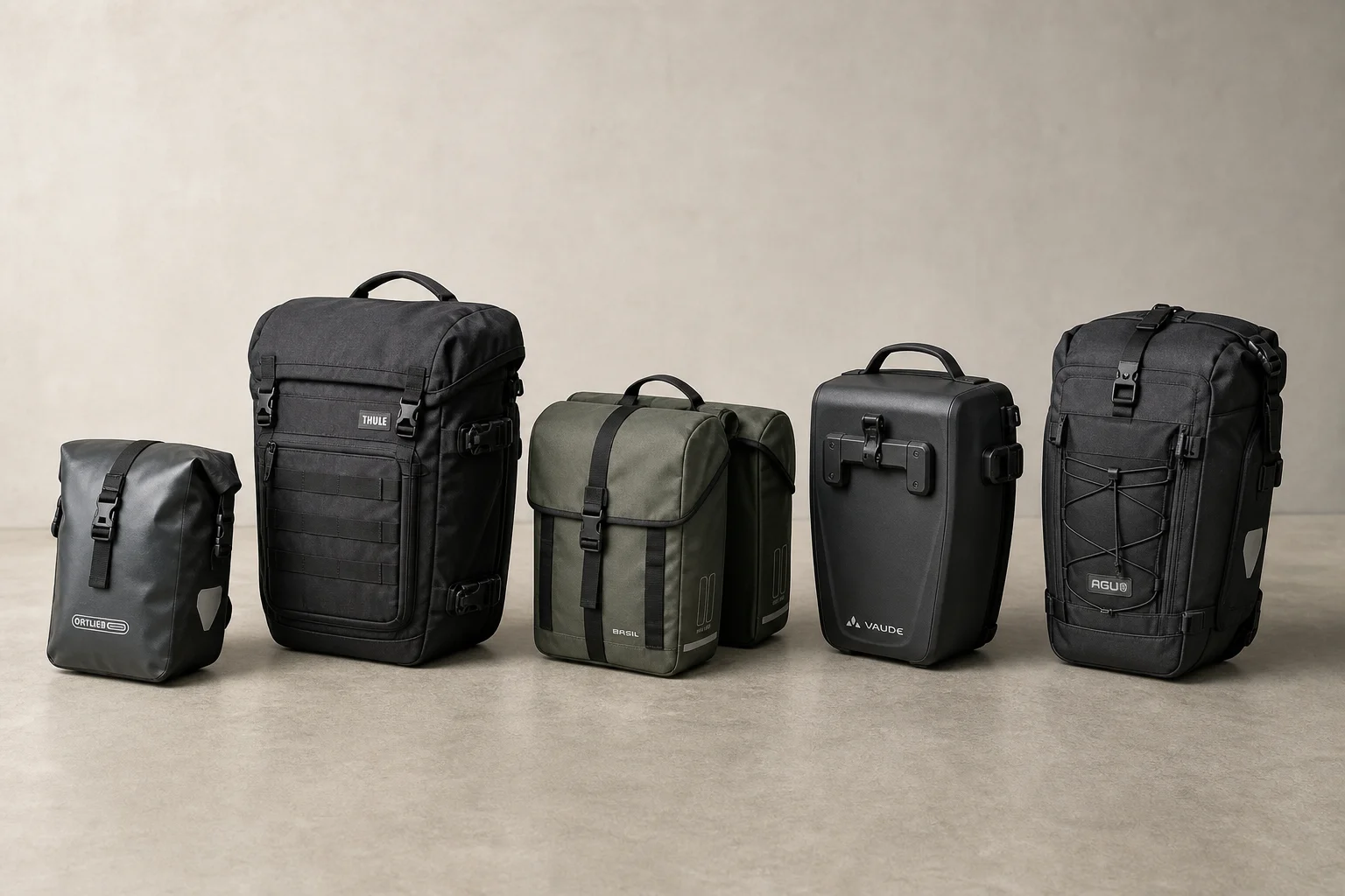 Five bike pannier bags in different styles and sizes arranged on concrete