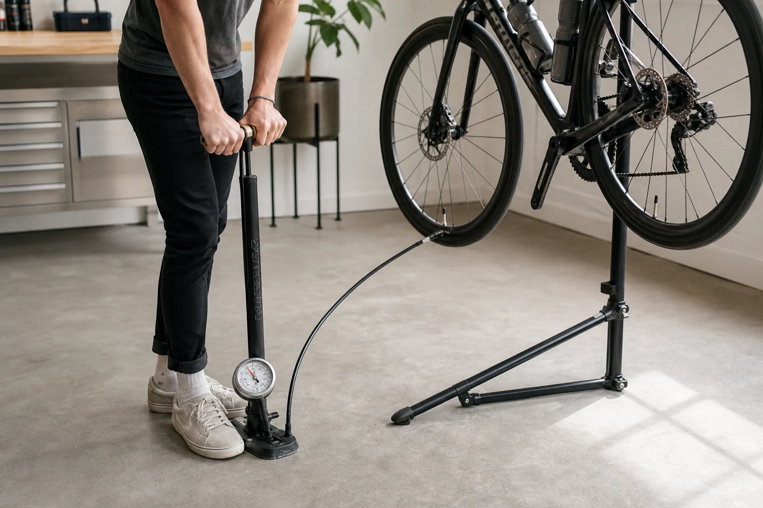 Cyclist checking tire pressure with floor pump in home workshop