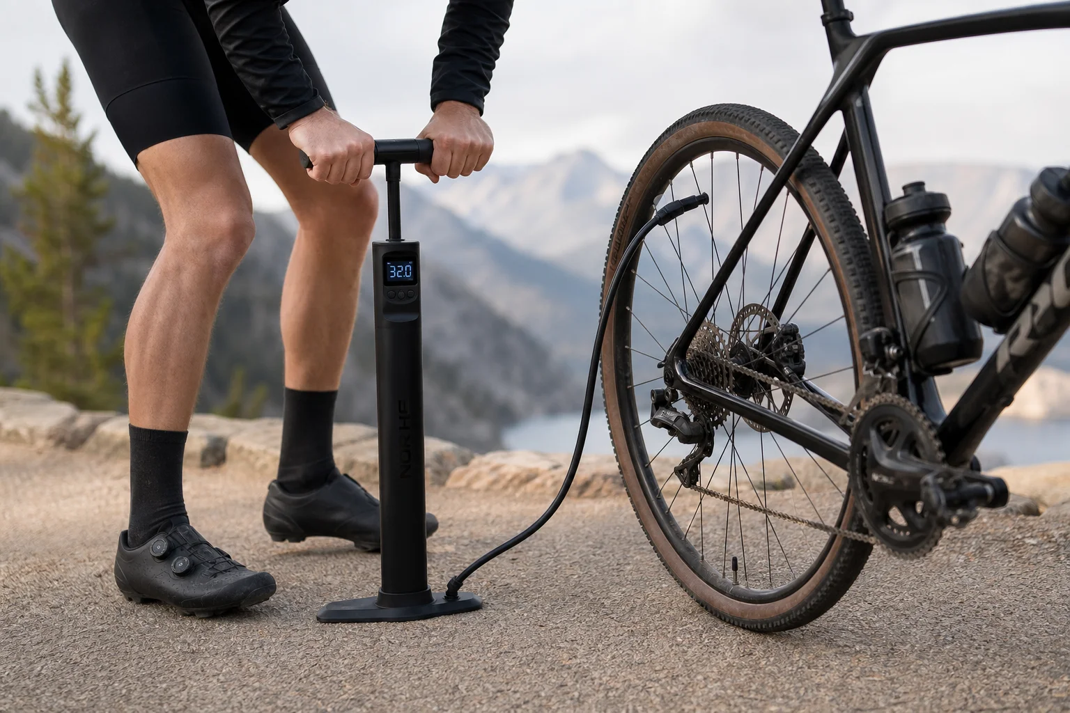 Cyclist using compact pump with digital gauge at trailhead