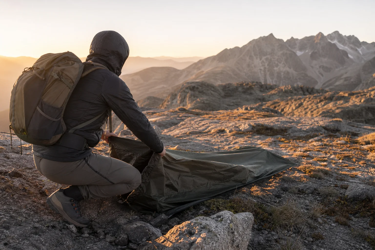 Backpacker setting up a bivvy bag on rocky alpine terrain at dusk