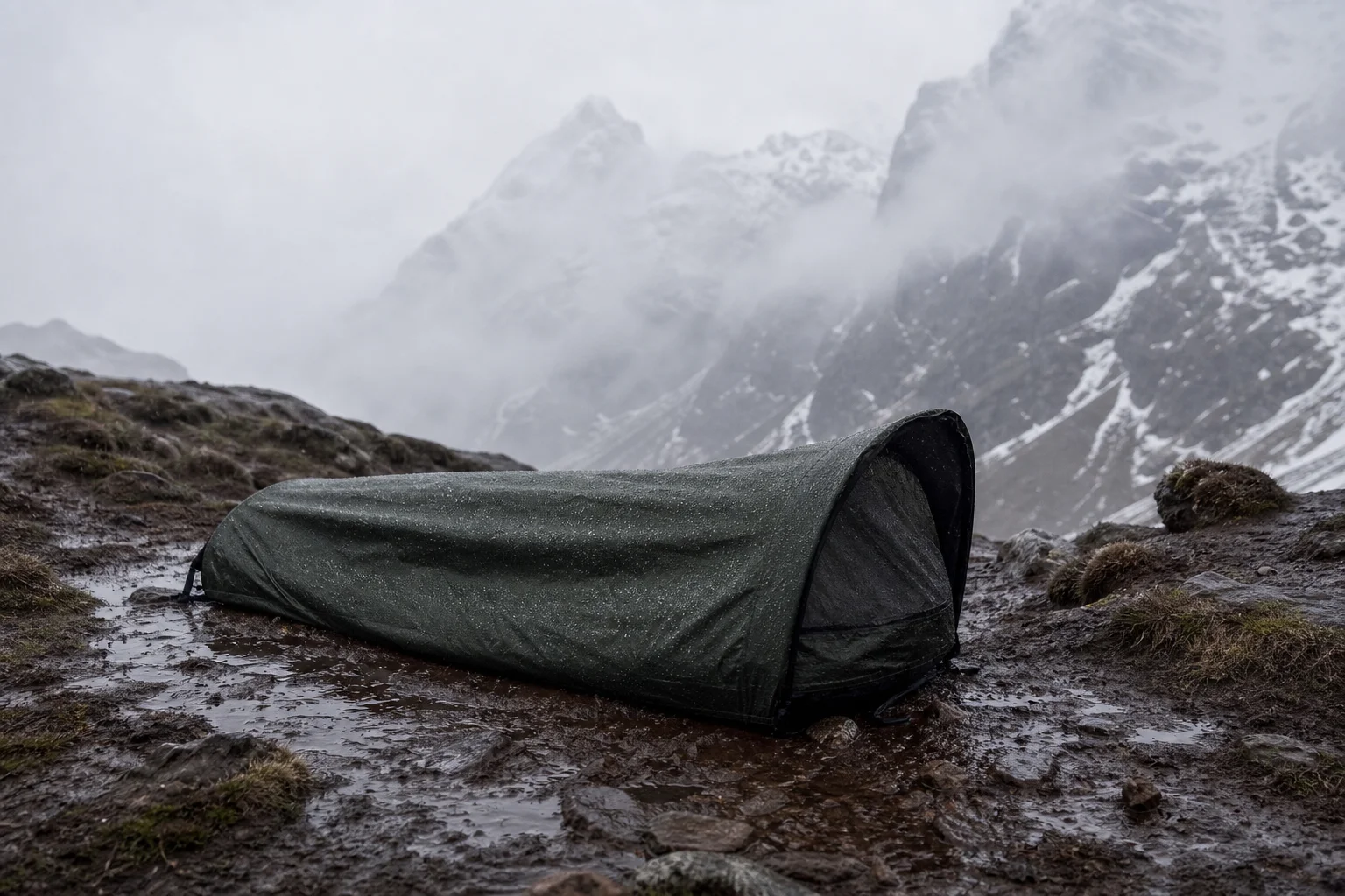 Bivvy bag positioned on wet ground with rain and cold weather conditions