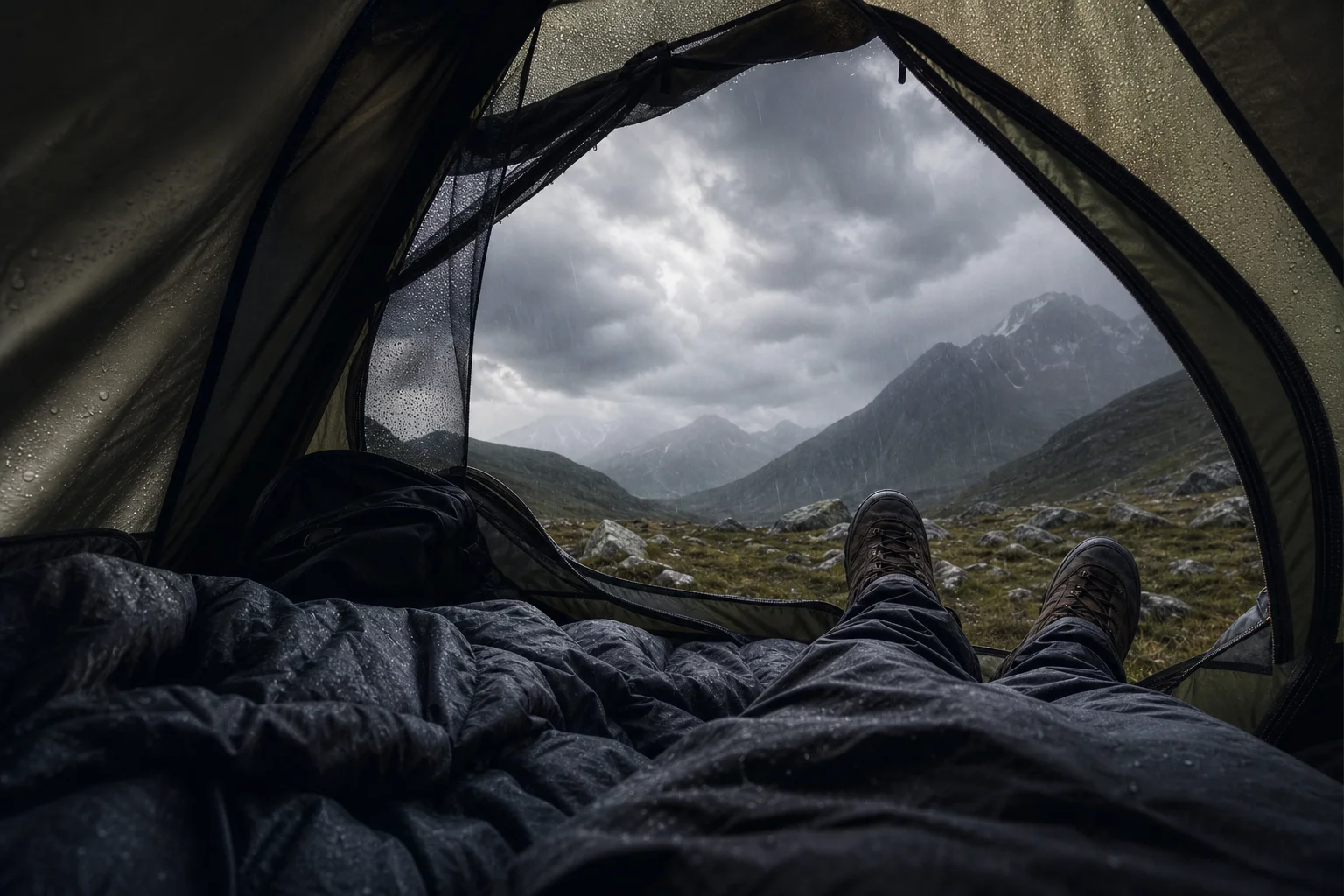 Backpacker inside a bivvy bag during stormy mountain weather conditions