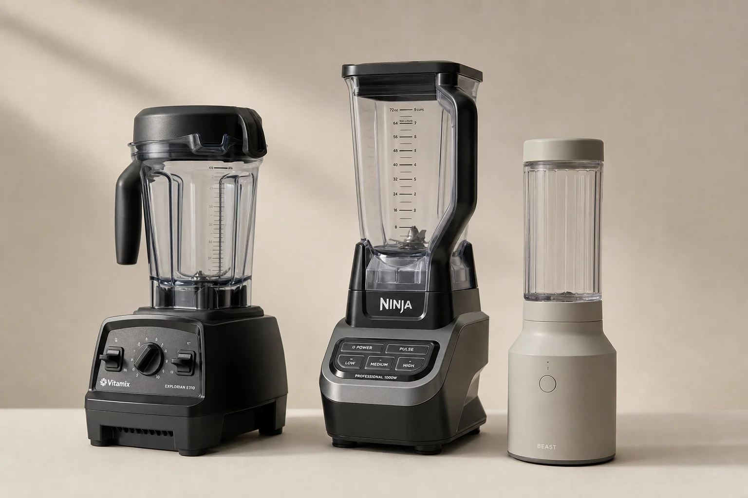 Vitamix Explorian E310、Ninja Professional Blender 與 Beast Blender 在中性背景下的擺拍
