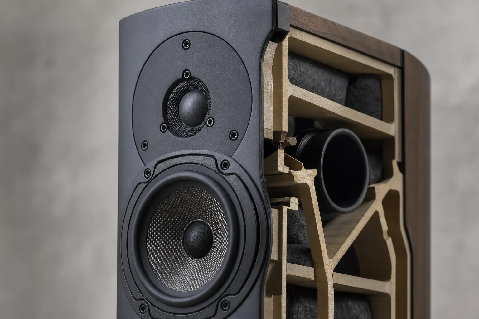 Close-up of speaker tweeter and mid-range driver showing internal construction