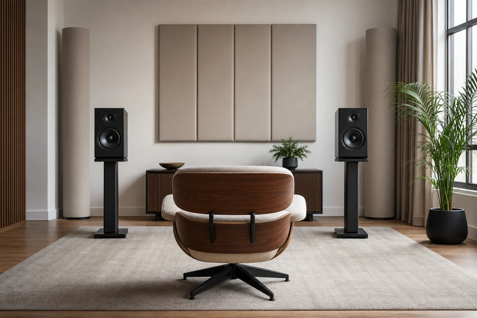 Listening room setup with bookshelf speakers on stands flanking listening chair