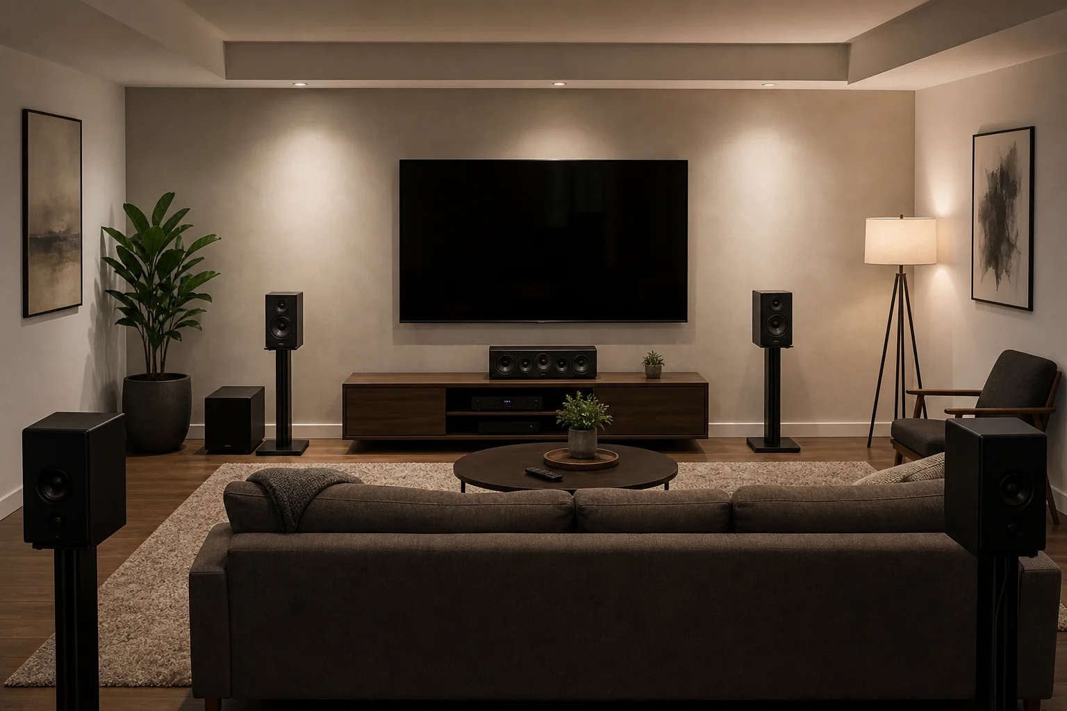 Home theater surround sound system with multiple speakers around viewing area