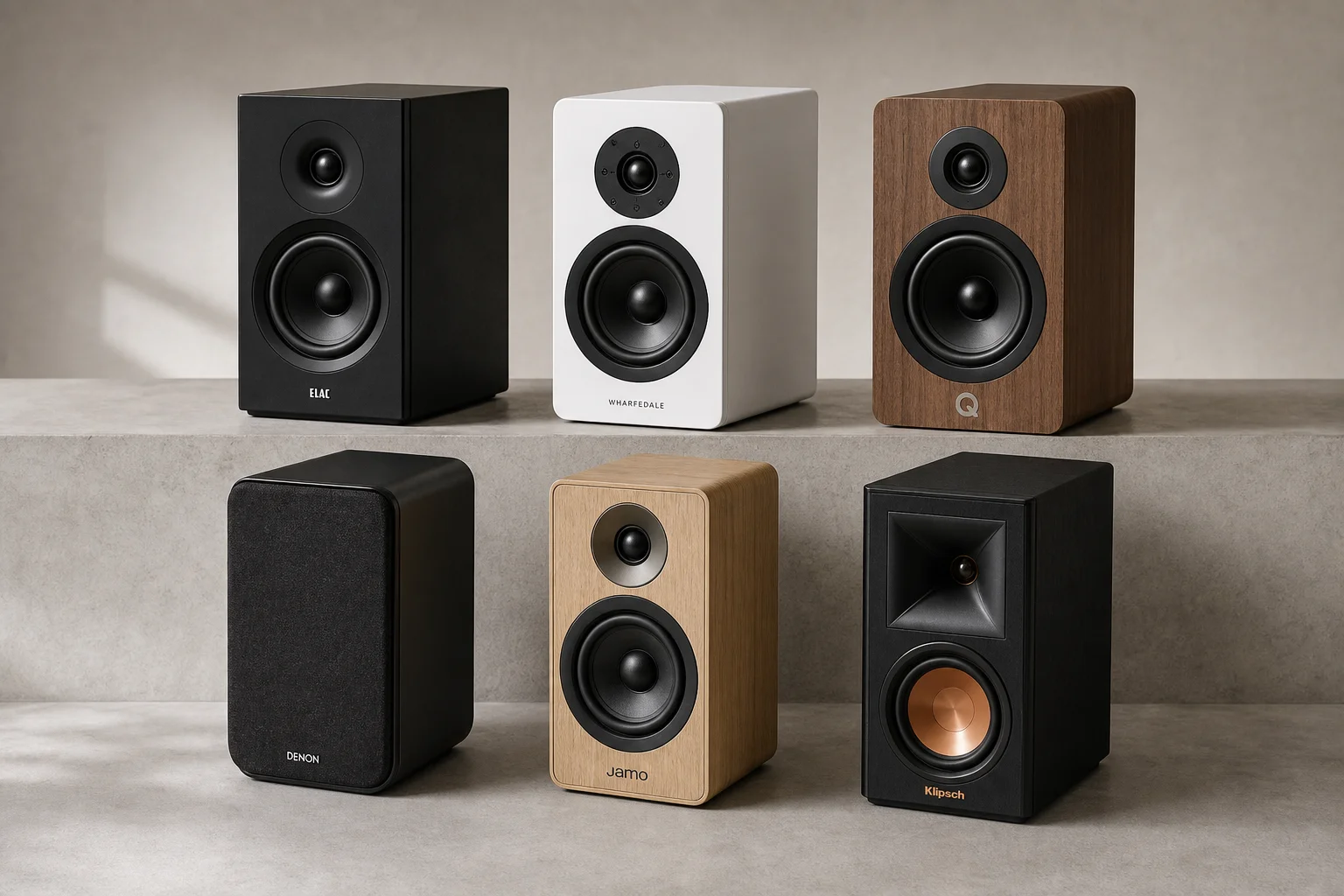 Six bookshelf speakers in various finishes arranged on concrete surface