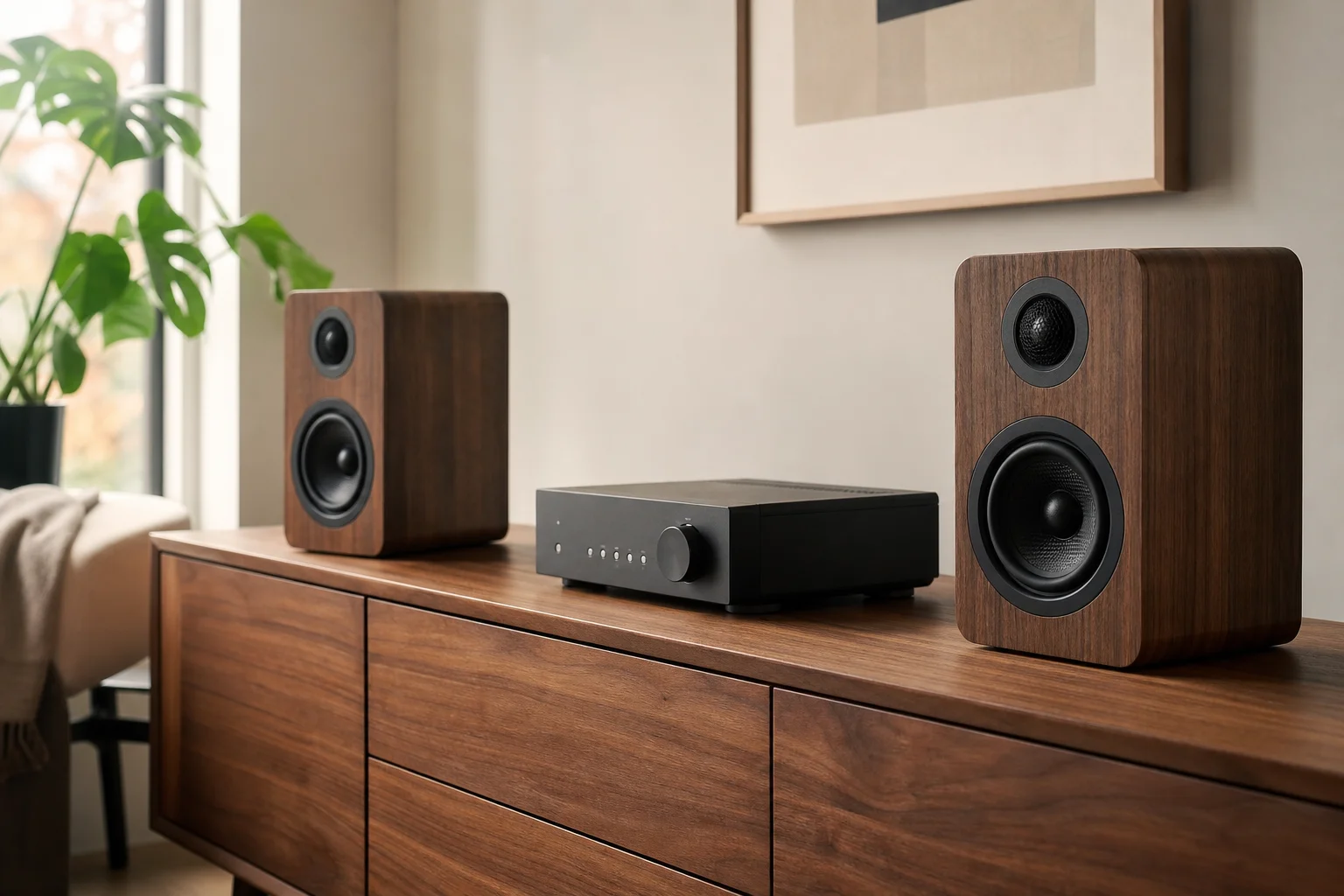 Integrated amplifier and bookshelf speaker setup on wooden credenza