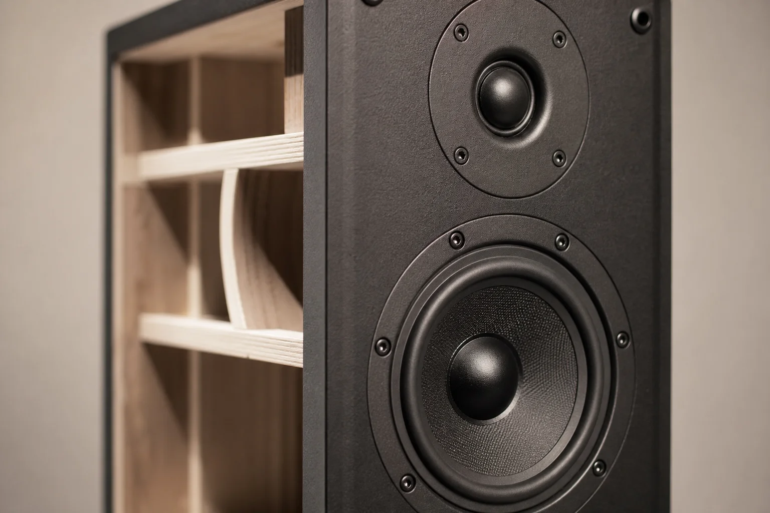 Close-up of speaker driver components showing tweeter and woofer design