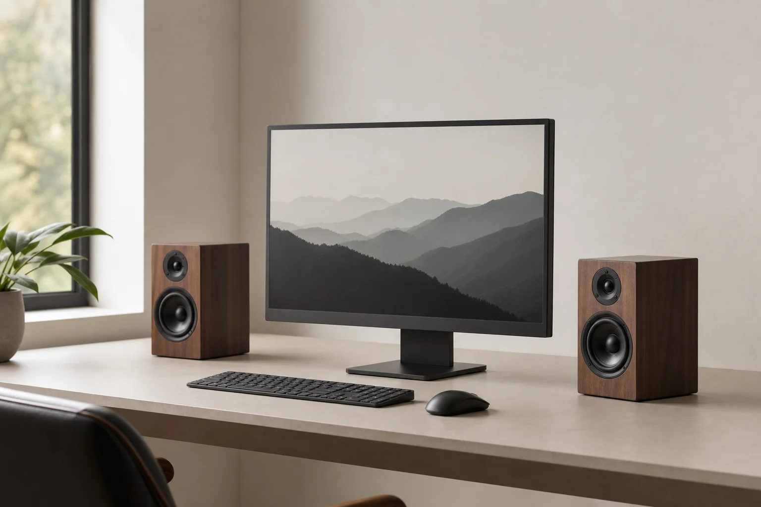 Compact bookshelf speaker positioned on desktop computer setup