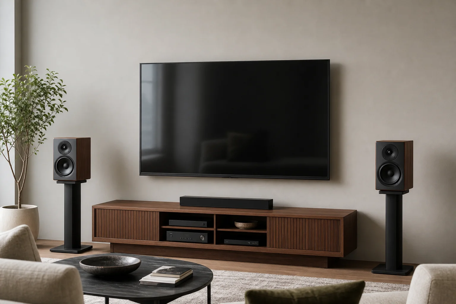 Home theater speaker system with bookshelf speakers flanking television