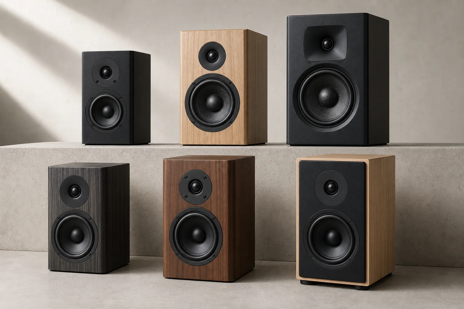 Six bookshelf speakers in varying sizes and finishes arranged on concrete surface