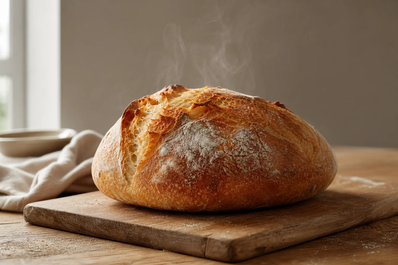 Finished loaf of artisan bread with golden crust on a wooden cutting board