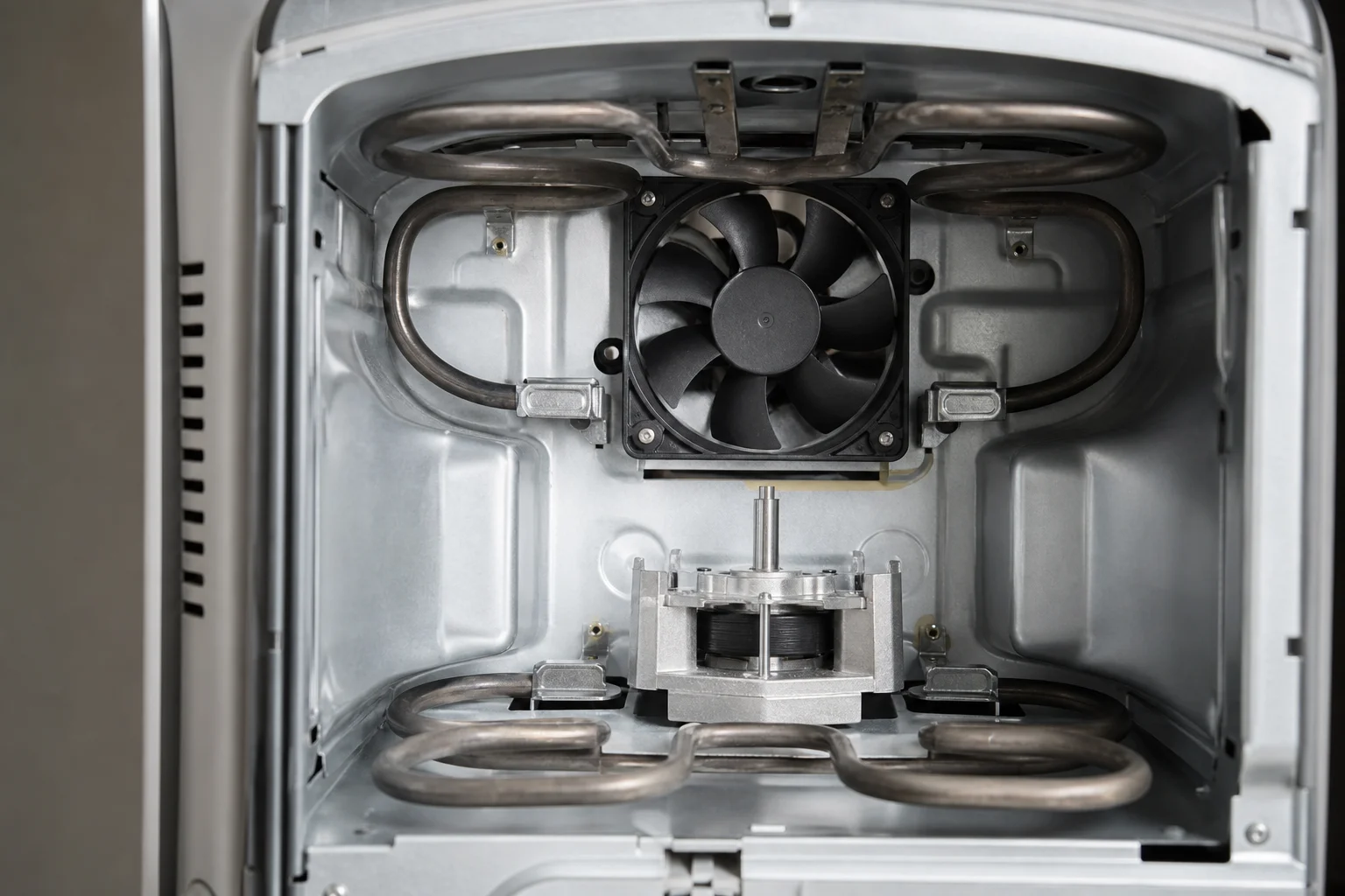 Interior view of a bread maker showing the convection fan and heating elements