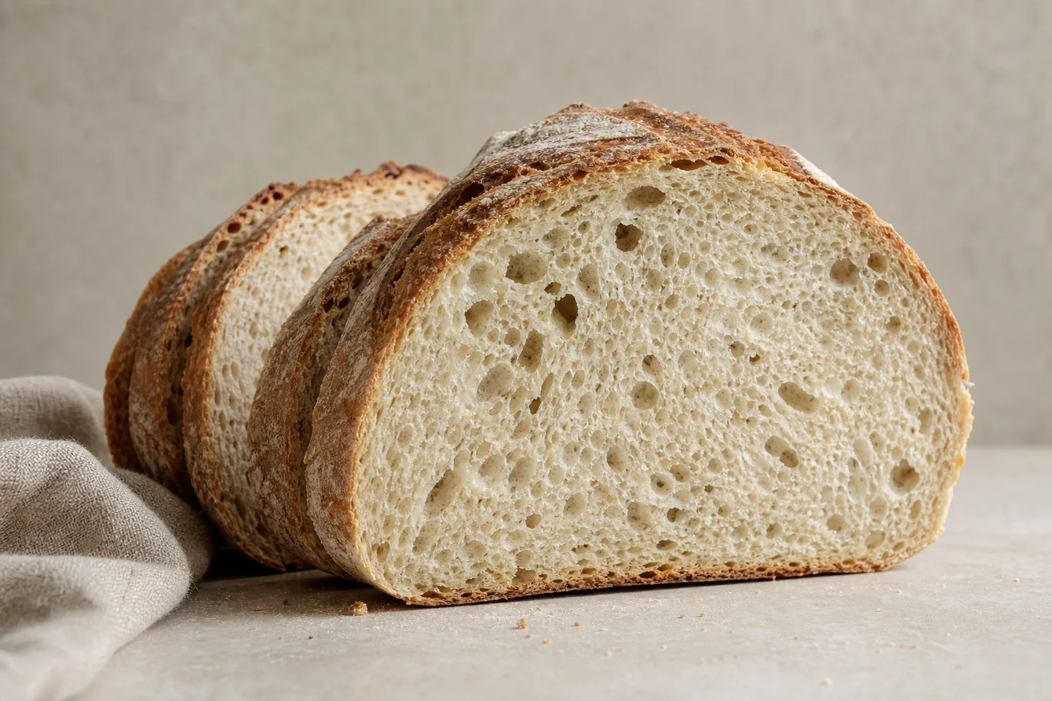 Sliced homemade bread showing even crumb structure and air distribution