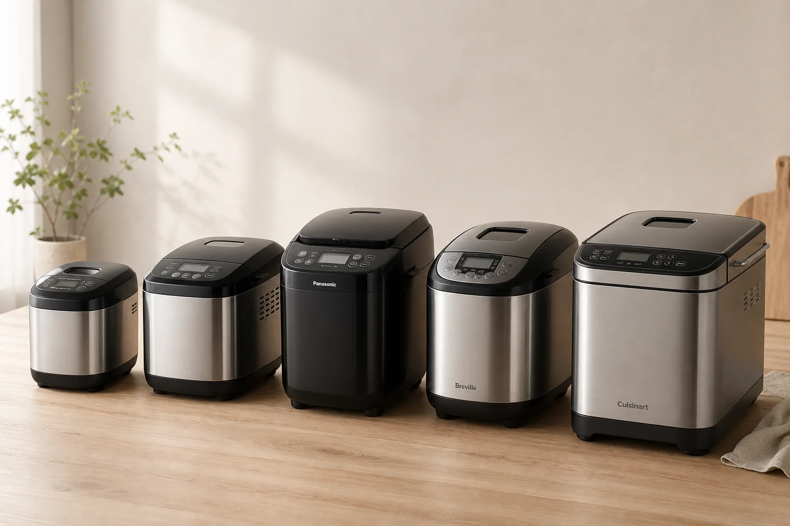 Five bread maker machines arranged on a light wood surface showing different sizes and finishes