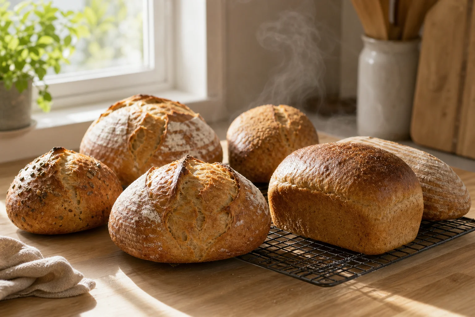 Fresh loaves of bread cooling on a kitchen counter with morning light