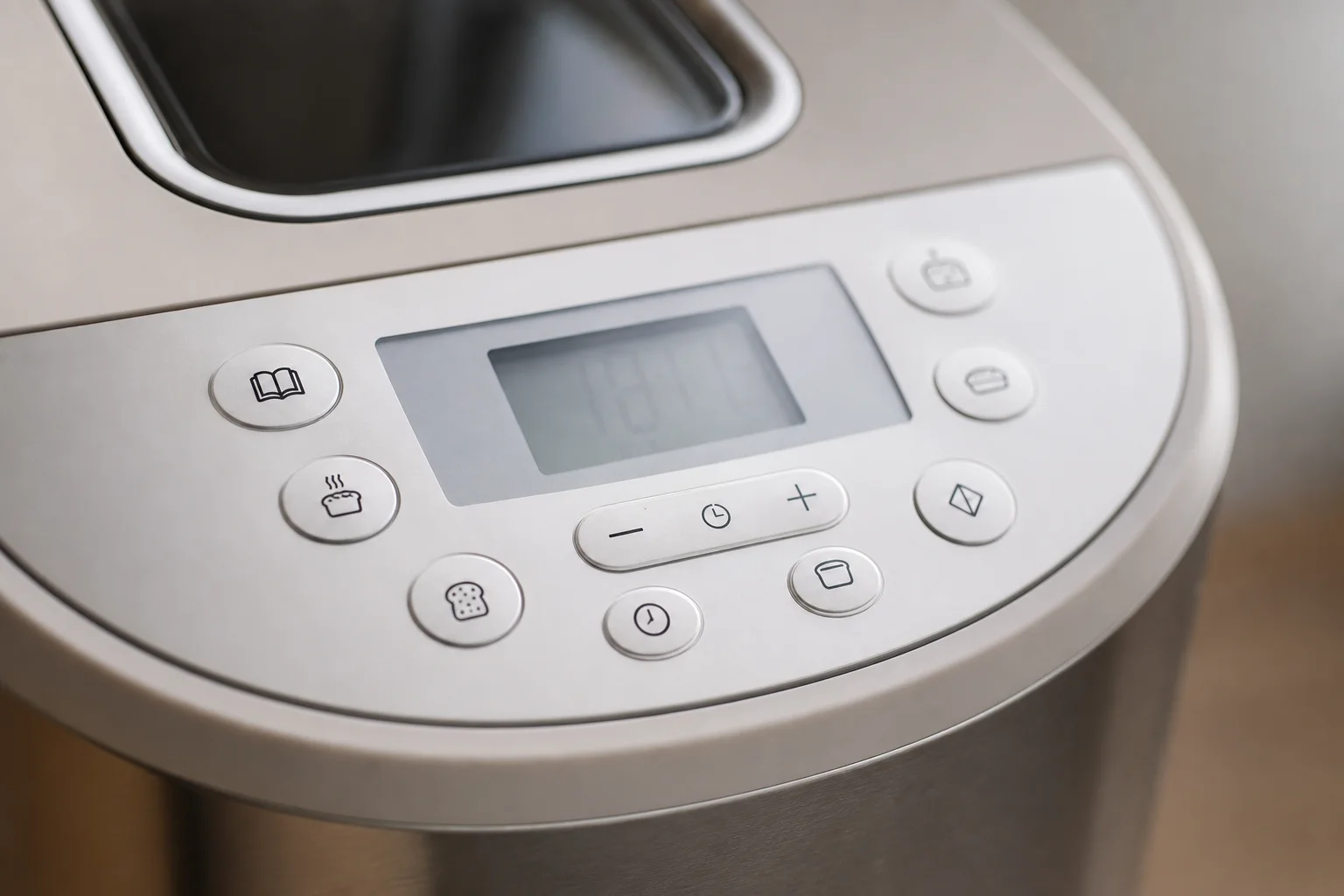 Close-up of bread maker control panel with program buttons and display