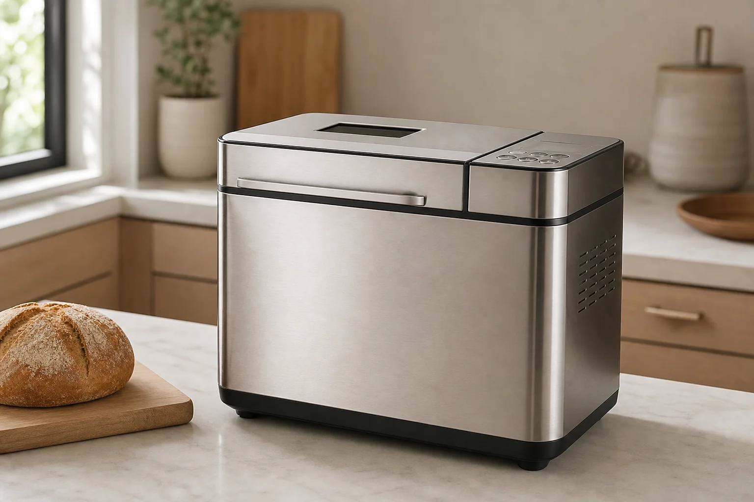 Stainless steel bread maker in a modern kitchen setting