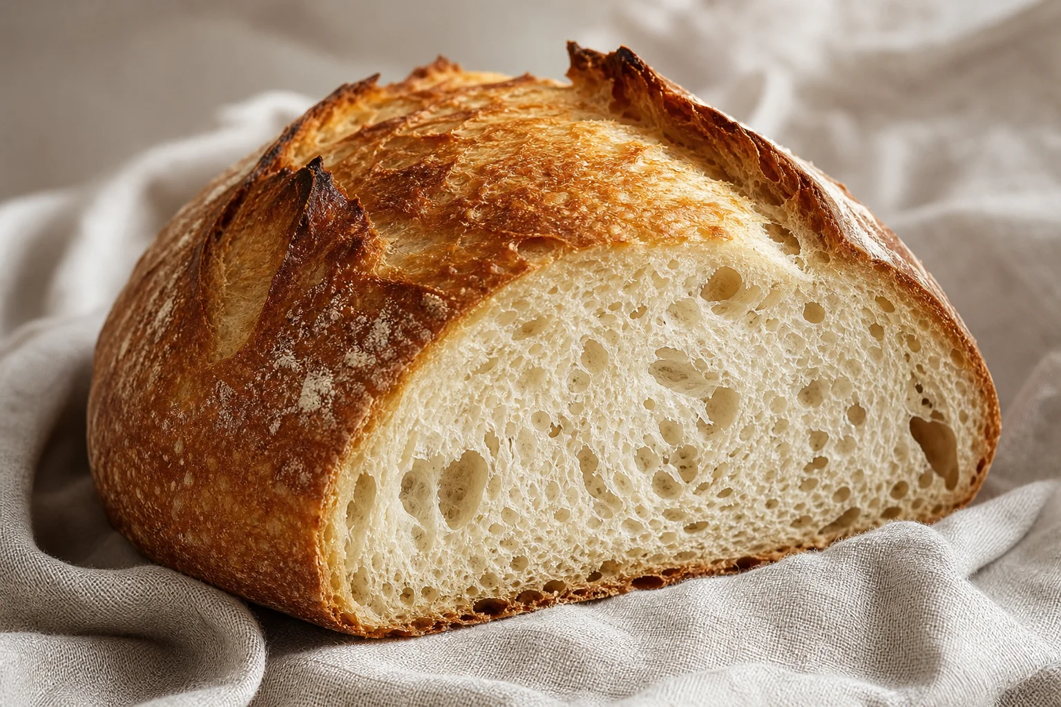 Artisan-style bread loaf with crispy crust and fluffy interior cross-section