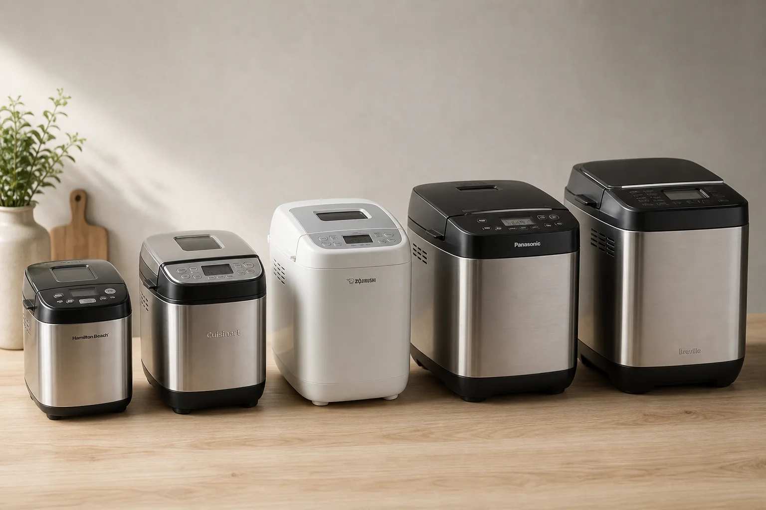 Five bread maker machines arranged on a wooden surface in various sizes and finishes