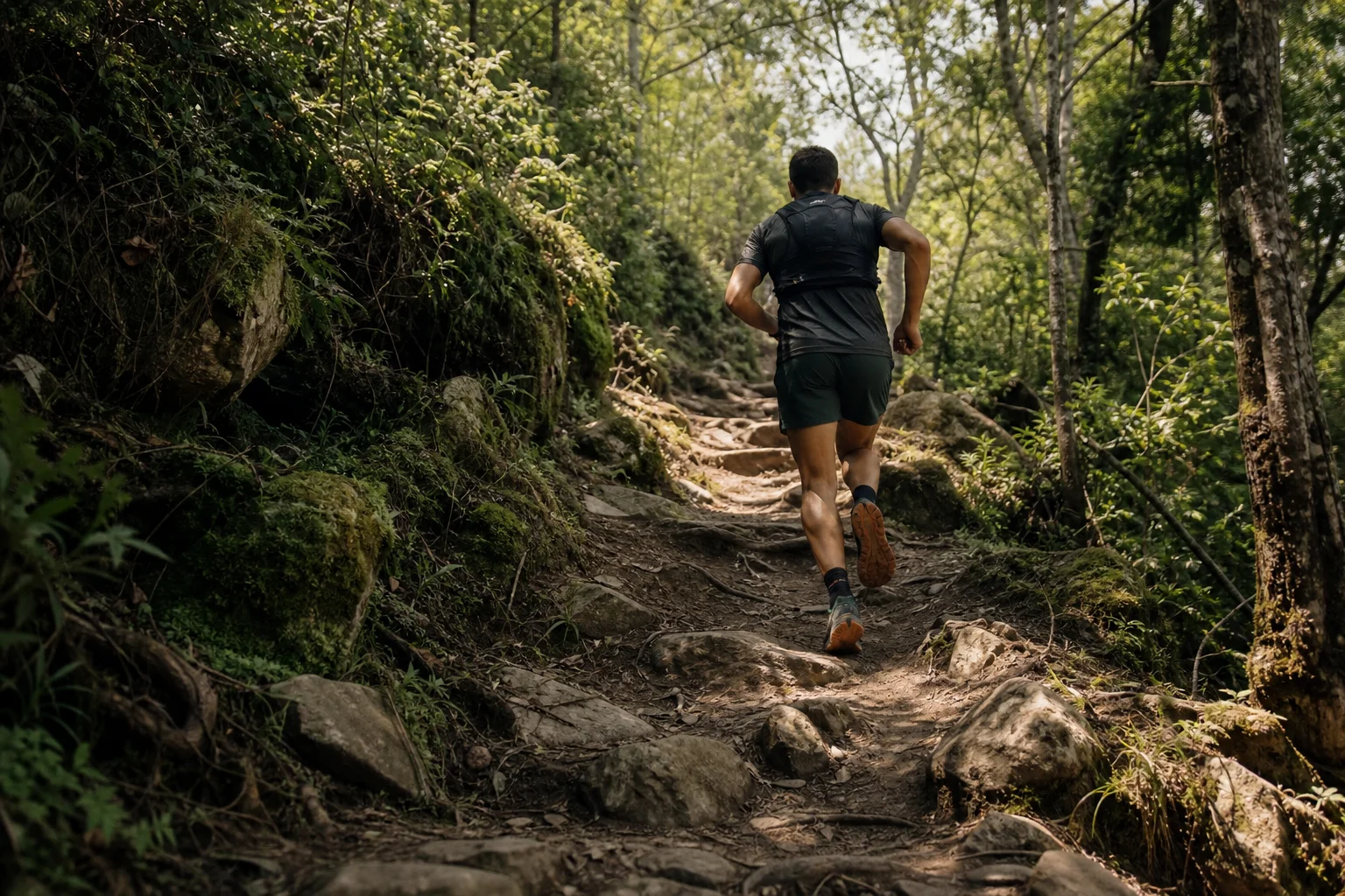 Trail runner ascending a rocky mountain path with green terrain
