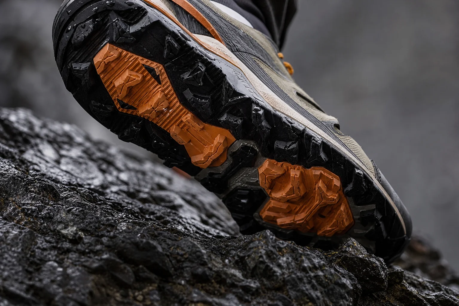 Trail shoe outsole with lugs gripping wet rock surface