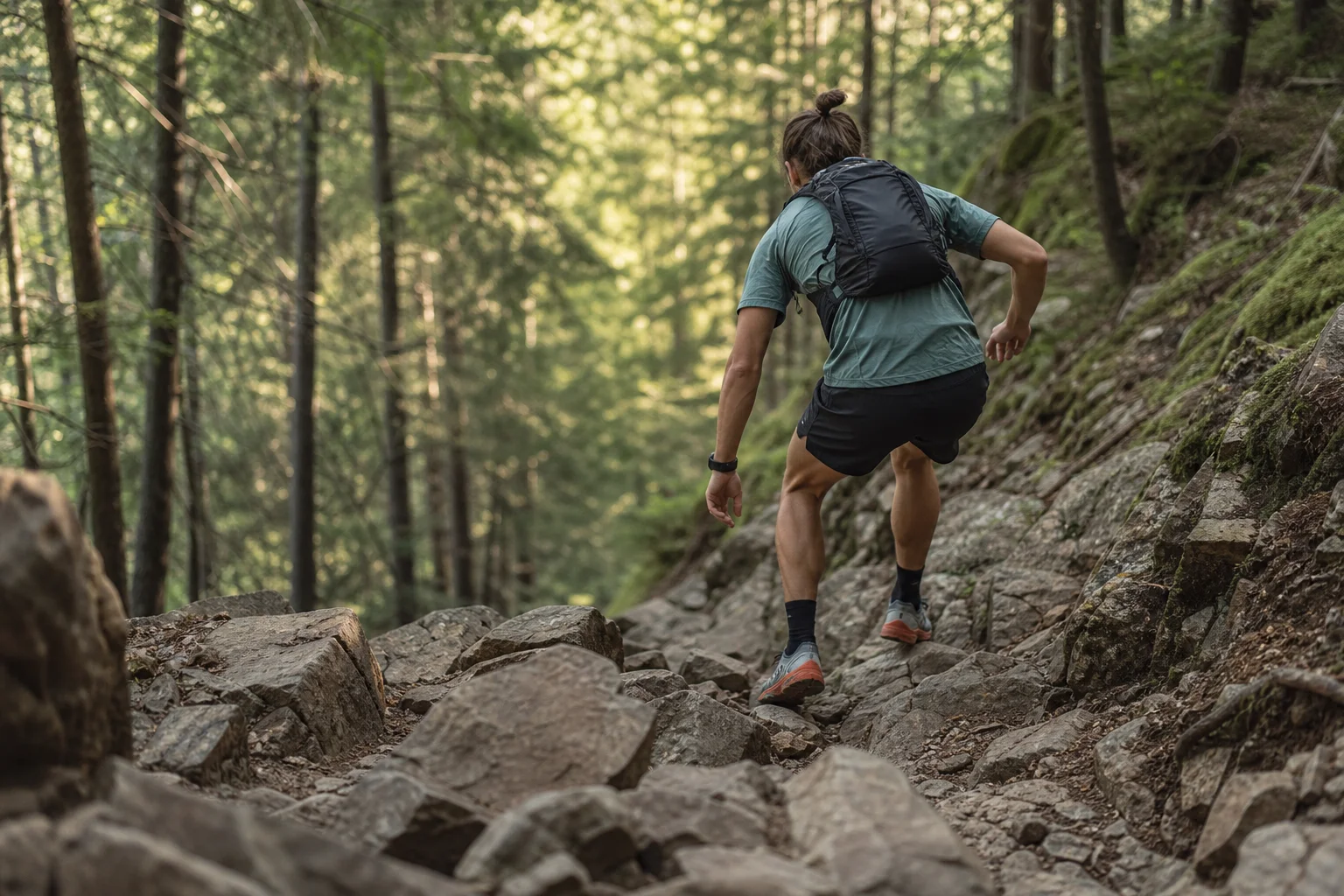 Trail runner descending technical downhill terrain with rocky obstacles