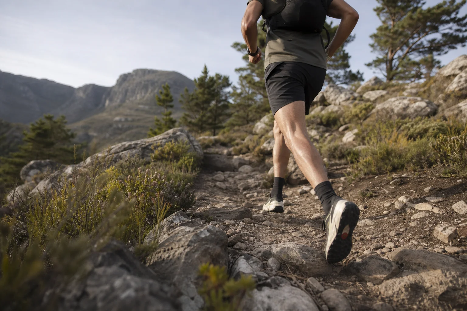 Trail runner on moderate technical terrain with mixed rock and dirt