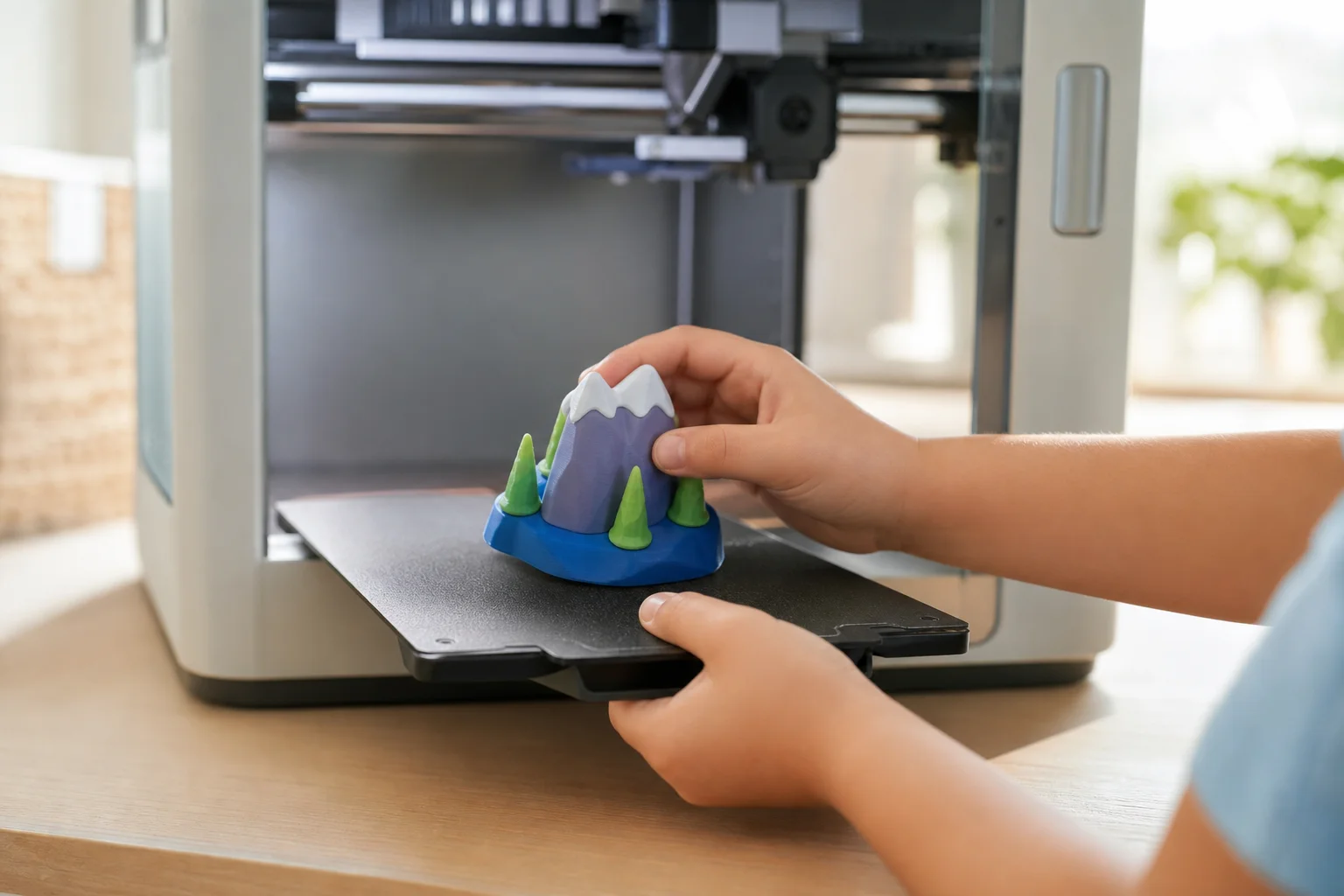 孩童的手正從 3D 列印機底板上取下成品