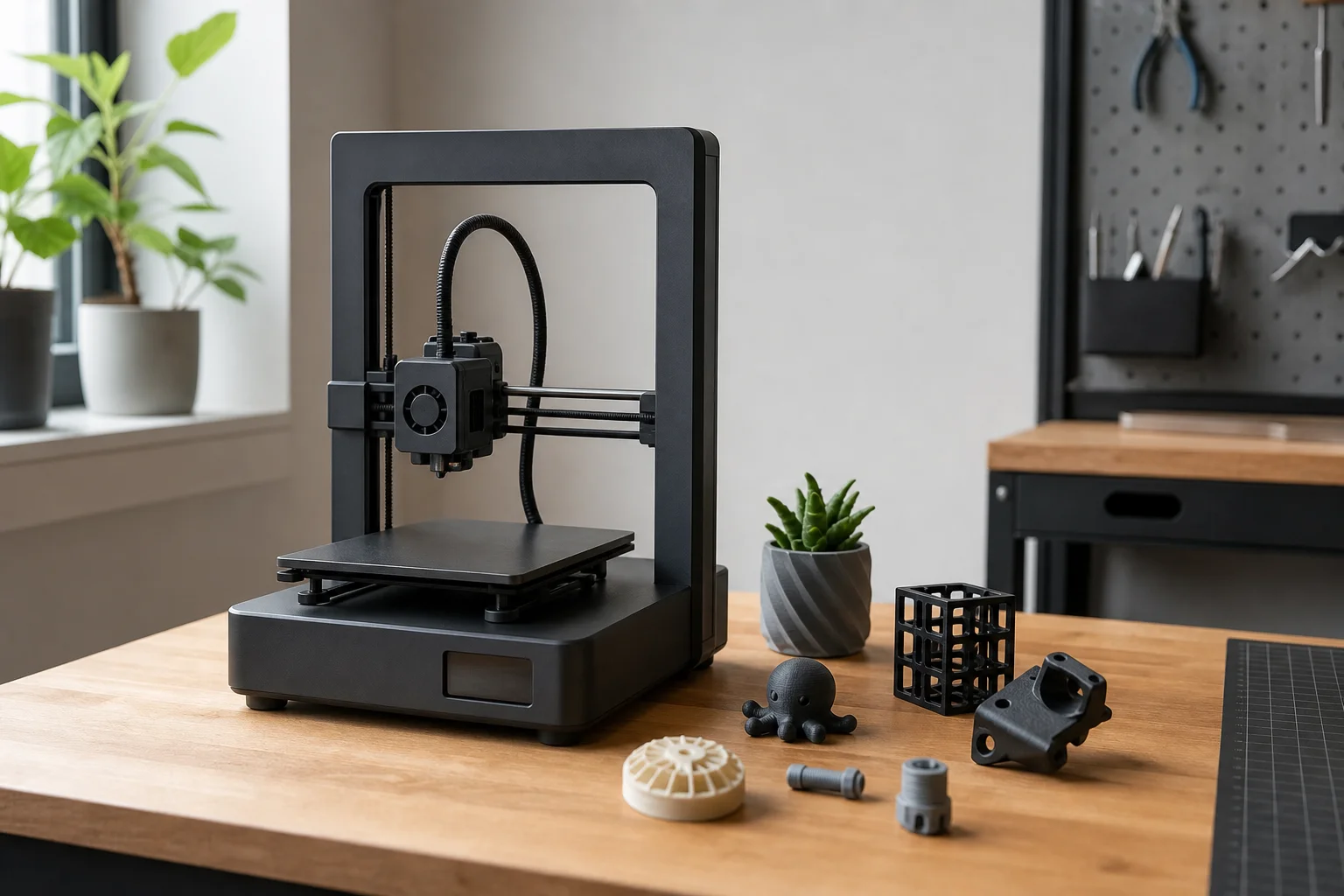 放在桌上的小型 3D 列印機，旁邊展示著小型列印成品