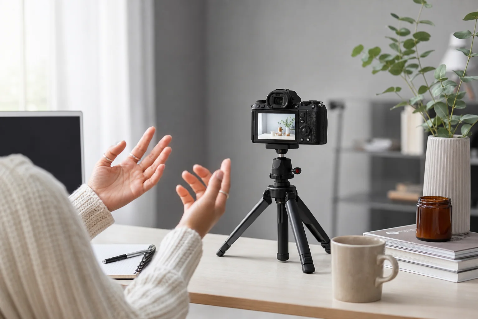 Content creator filming with a compact camera on a tripod in a studio
