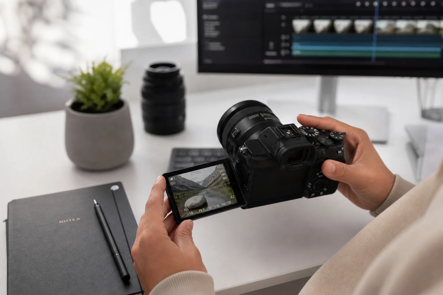 Video creator reviewing footage on a camera's flip-out screen