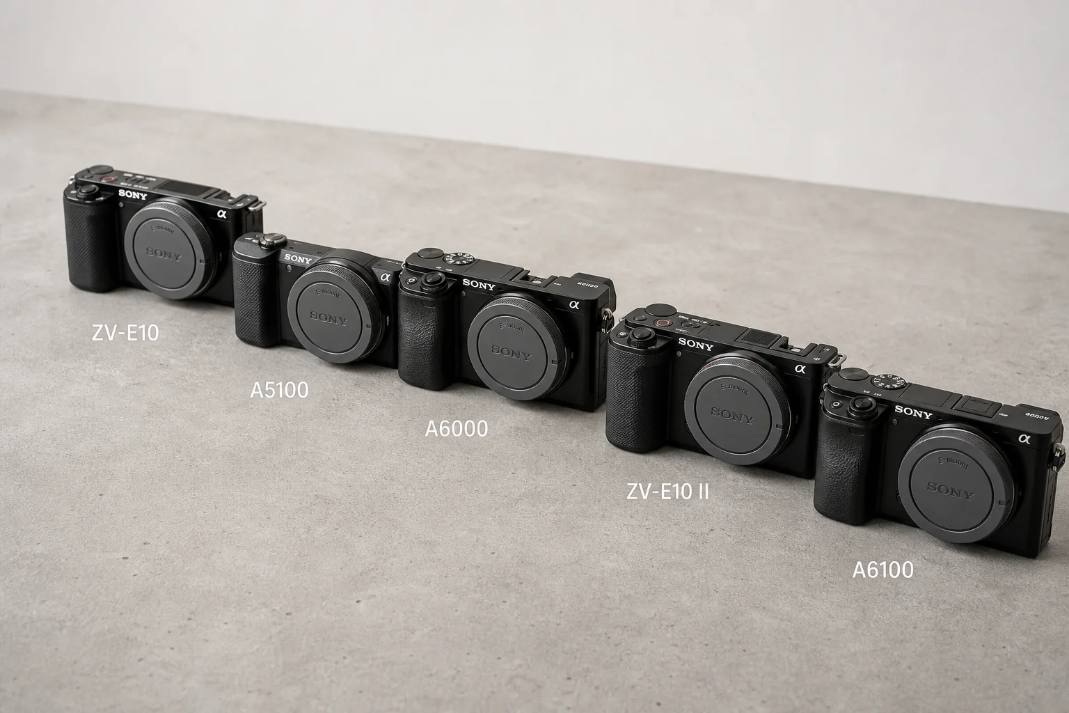 Five Sony APS-C cameras arranged on a concrete surface