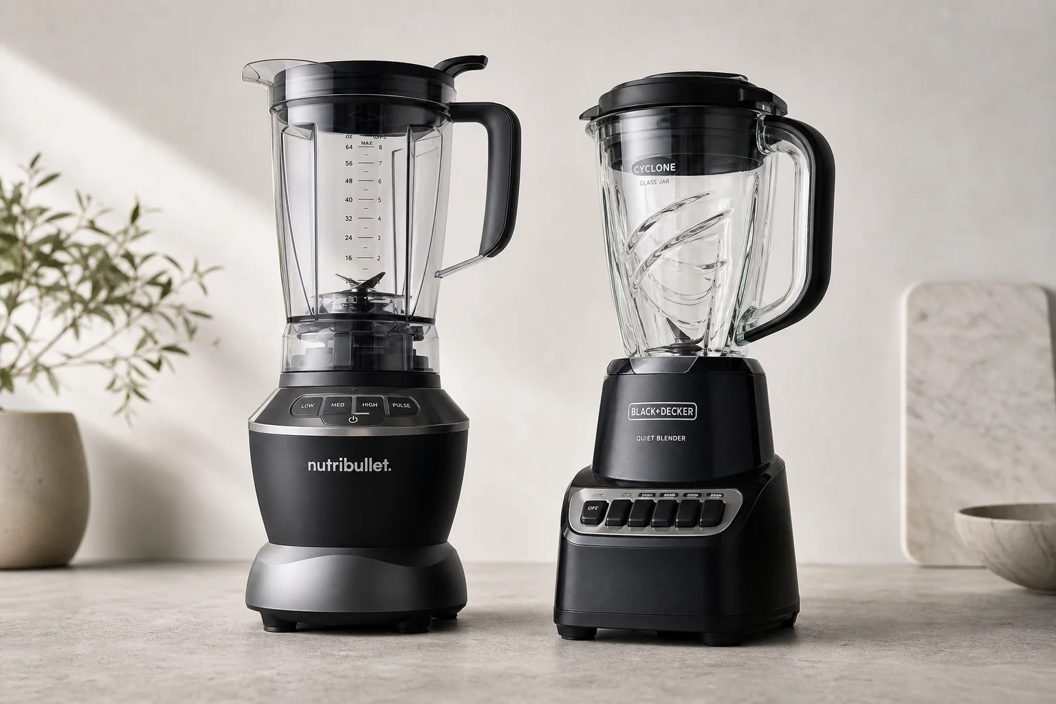 NutriBullet 全尺寸果汁機與 BLACK+DECKER 靜音果汁機並排放在水泥檯面上