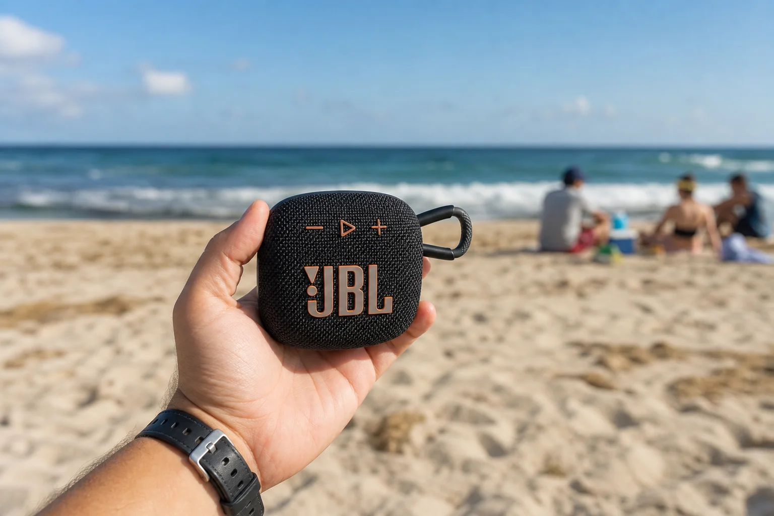 Person holding tiny portable speaker at beach gathering