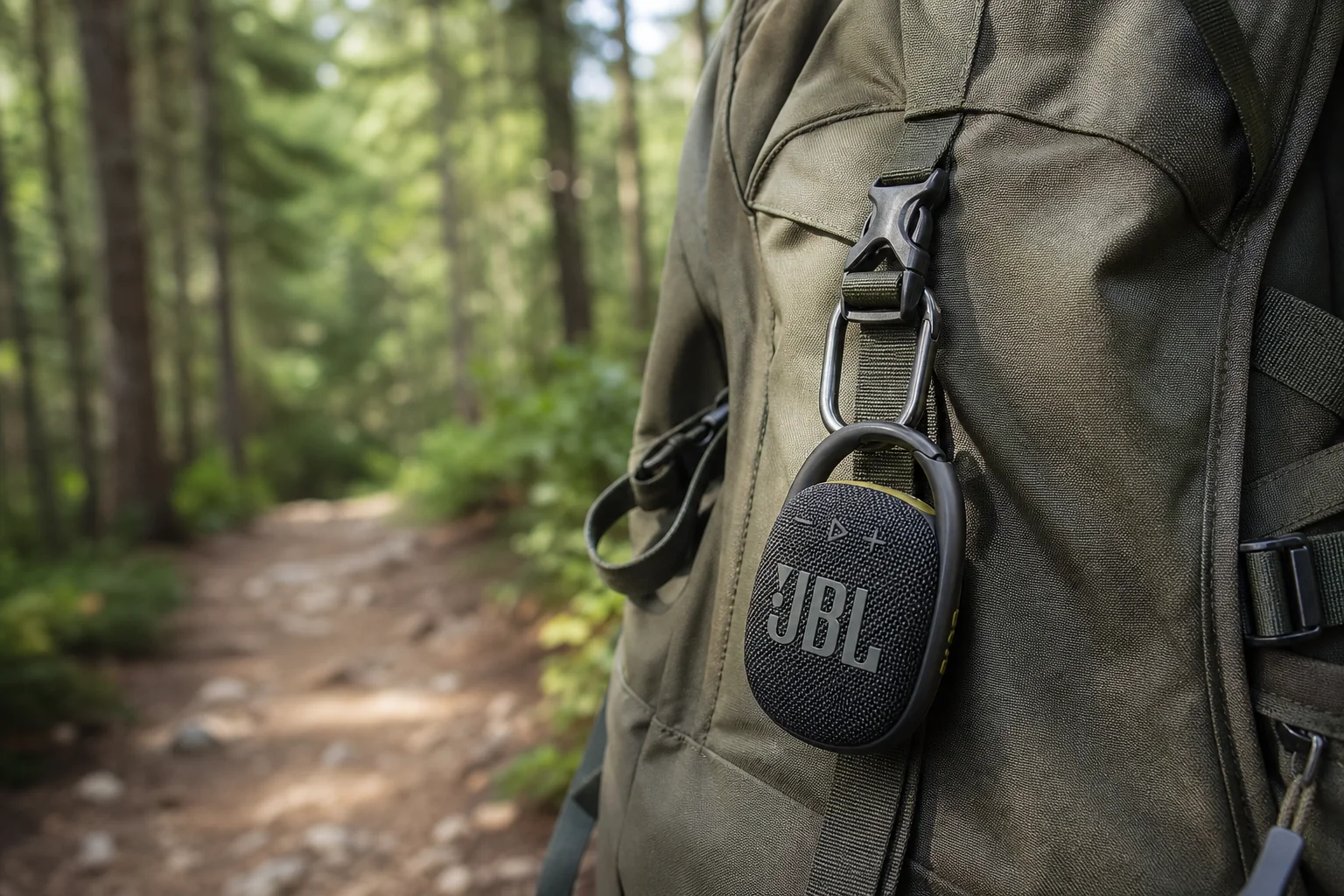 Compact speaker mounted on backpack strap in forest