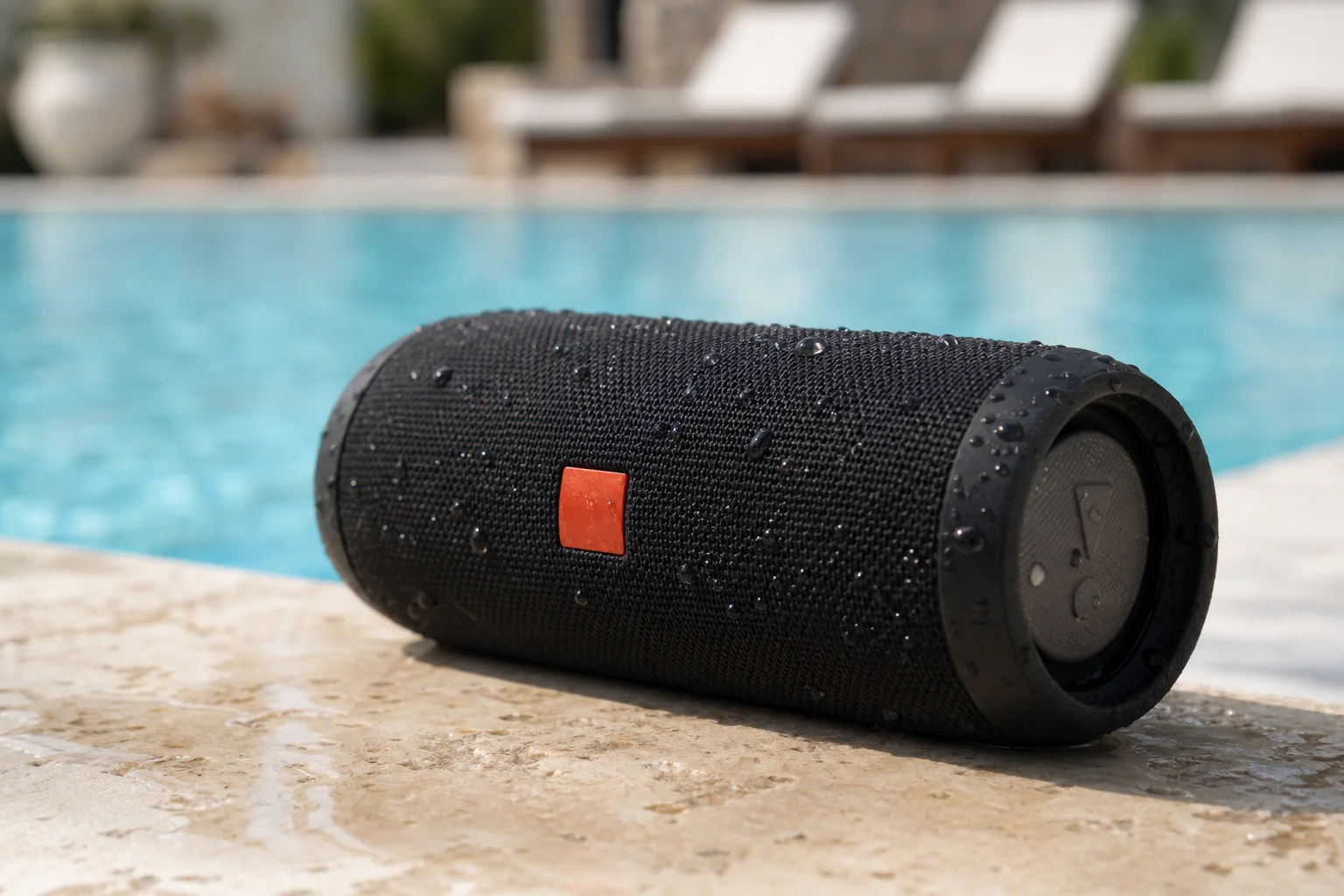 Waterproof speaker poolside with water droplets on surface