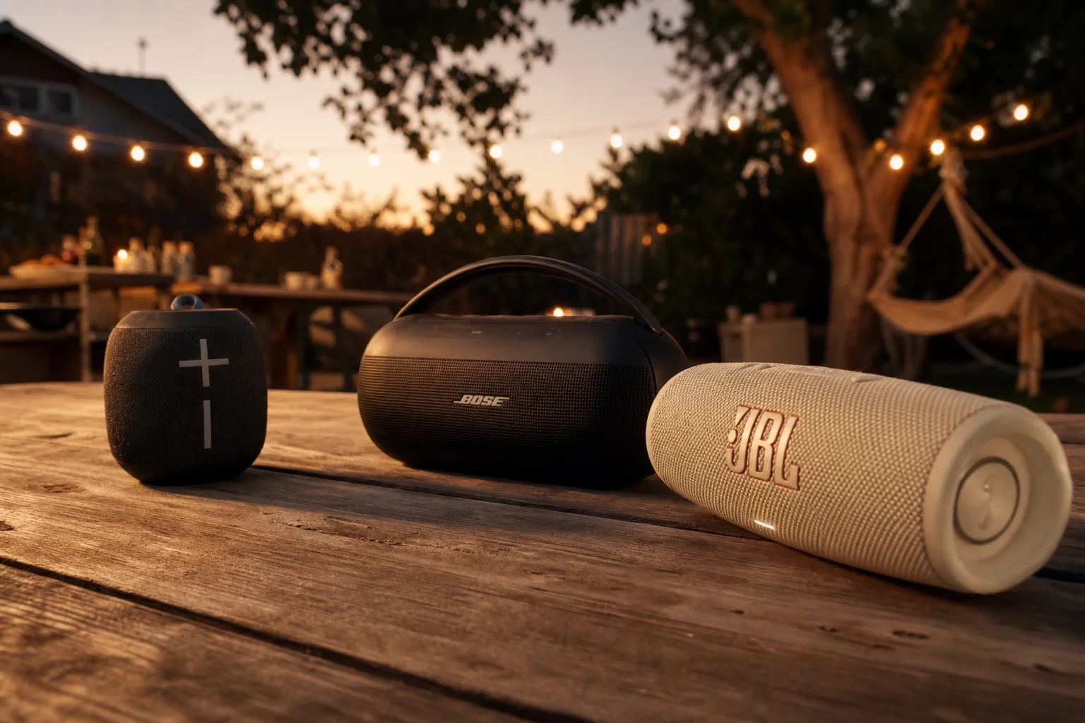 Multiple Bluetooth speakers on picnic table at backyard gathering
