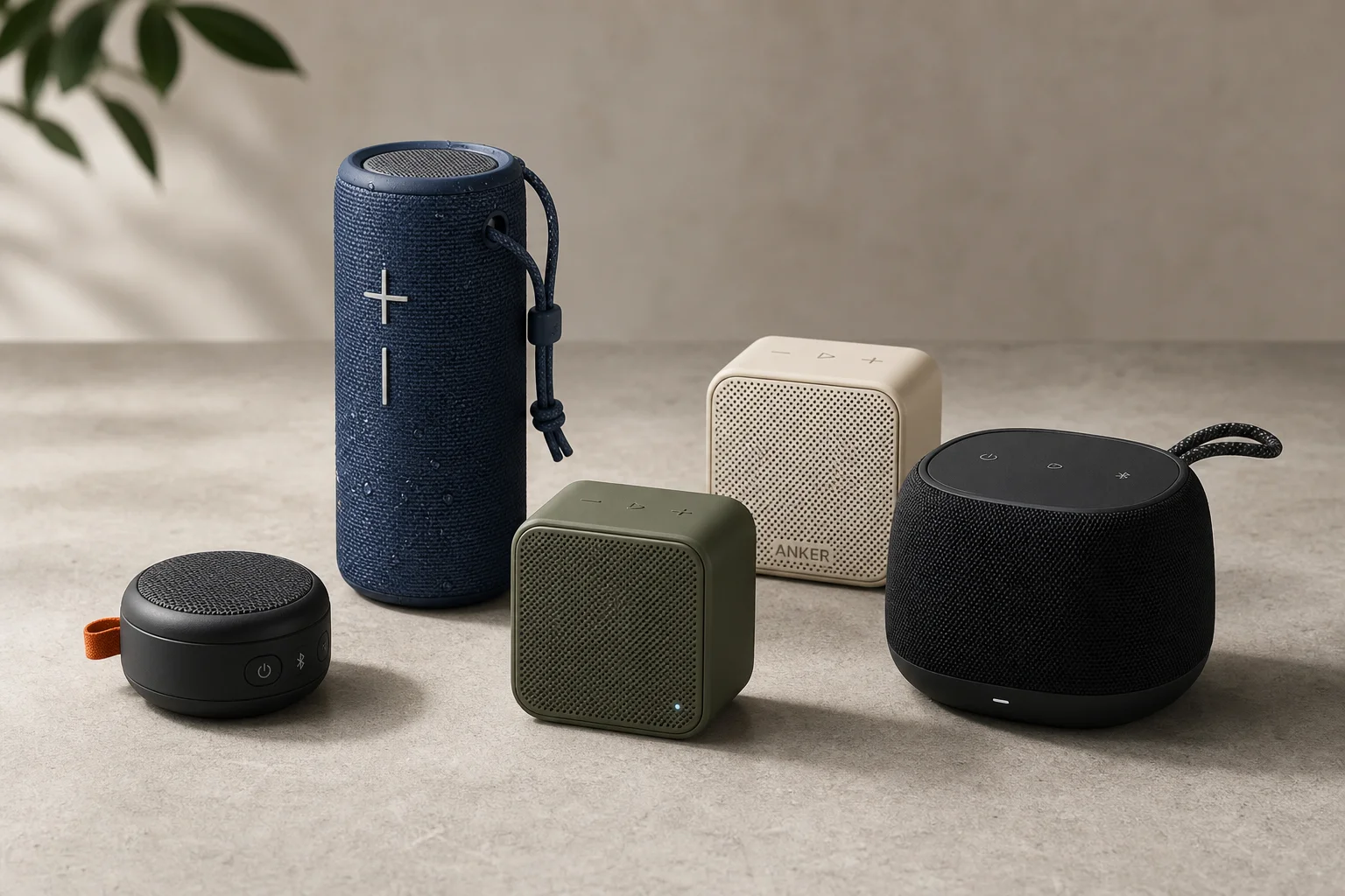 Five budget Bluetooth speakers arranged on concrete surface