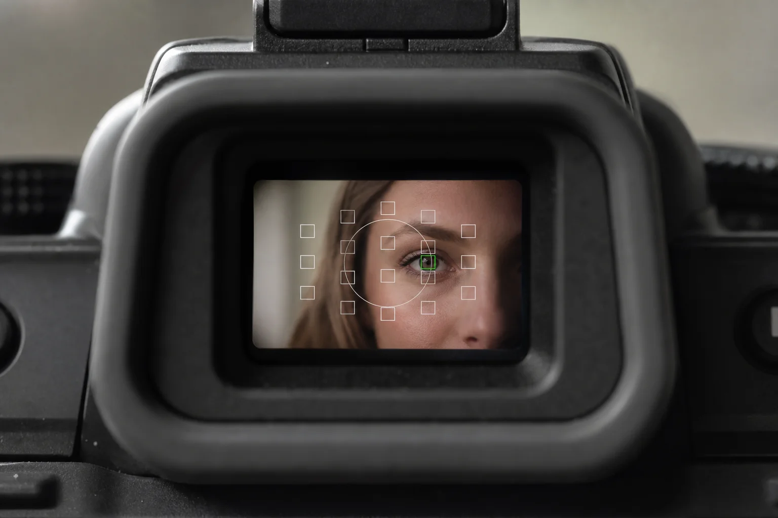 Close-up of camera viewfinder with autofocus points displayed