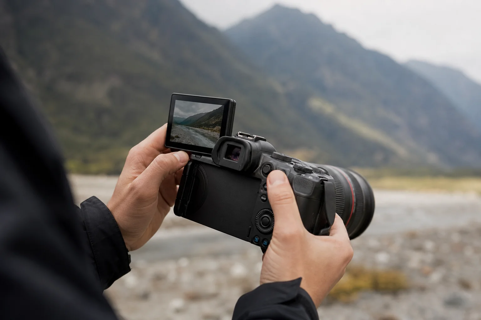 Photographer reviewing photos on camera's flip-up screen