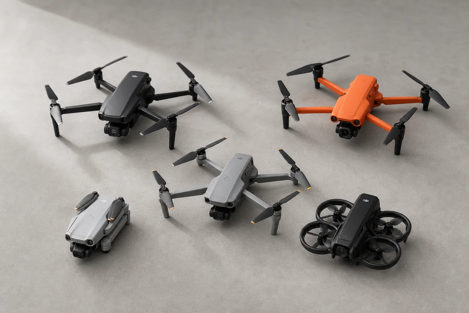 Five budget camera drones in various designs and colors arranged on concrete