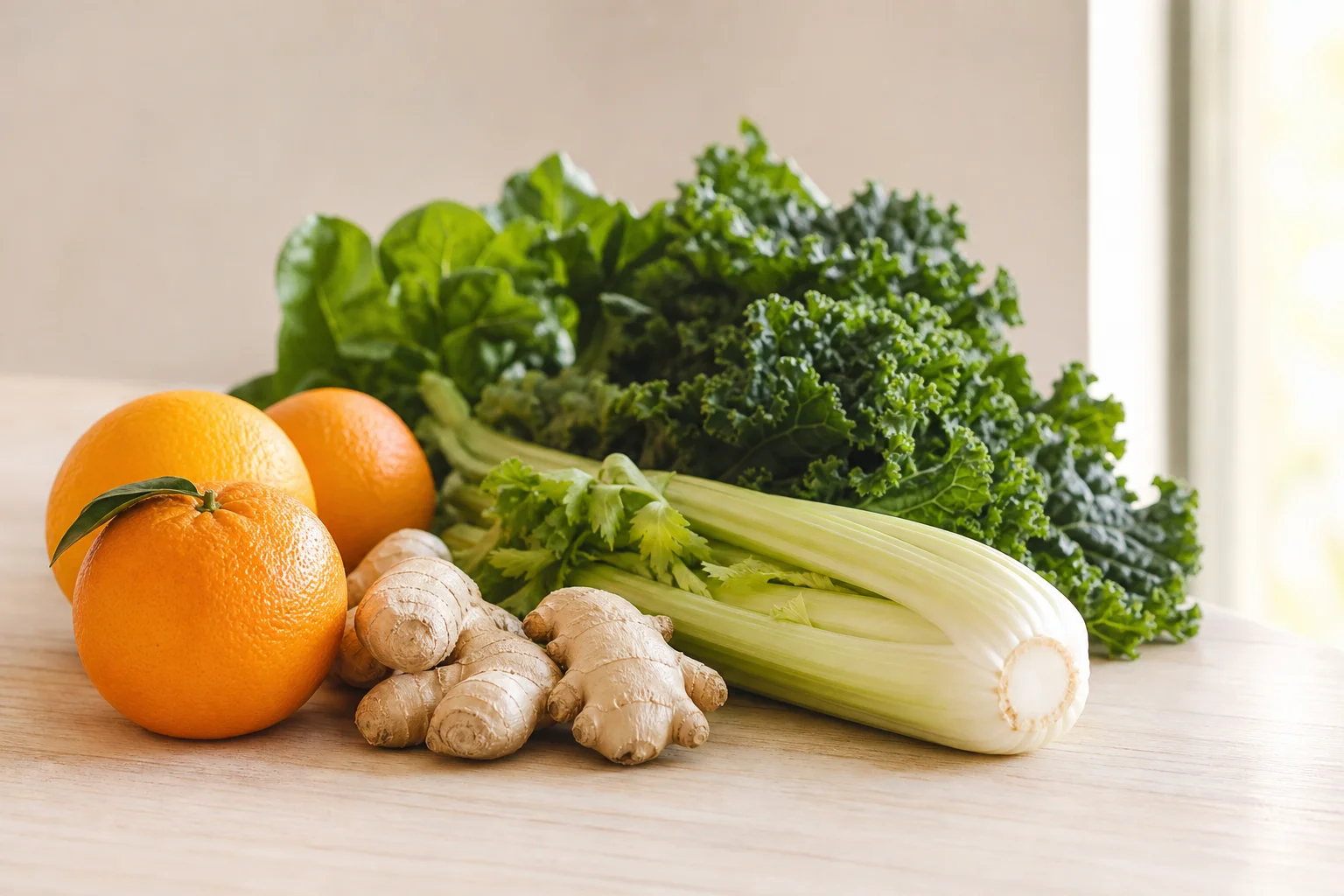 Fresh citrus fruits and leafy greens arranged on a kitchen counter